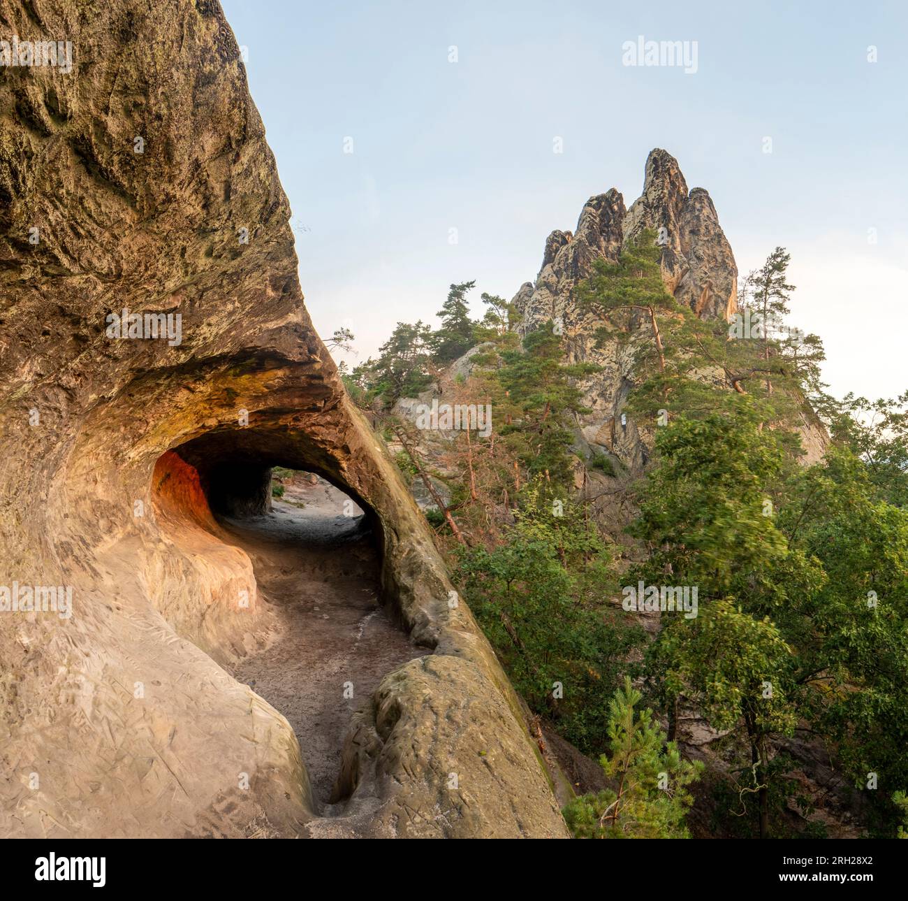 The first rays of sunlight of the day hit the Hamburg coat of arms. The bizarre sandstone formation belongs to the Devil's Wall in the Harz Mountains. Stock Photo