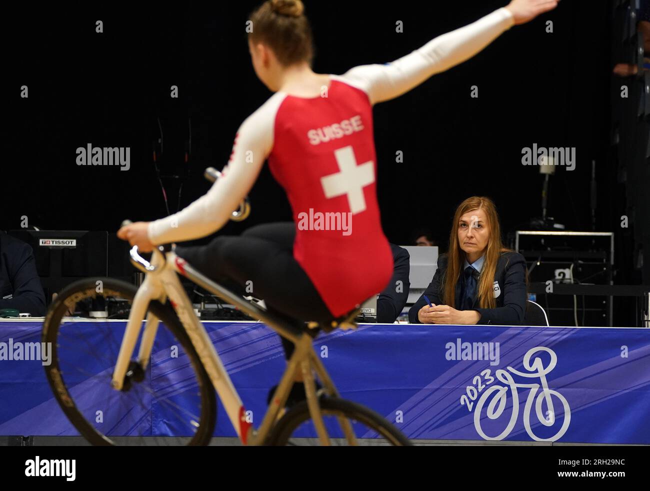 Judges watch Switzerlands Alessa Holtz during the Women Elite Artistic Cycling Single Qualification at Indoor Cycling during day eleven of the 2023 UCI Cycling World Championships at the Emirates Arena, Glasgow