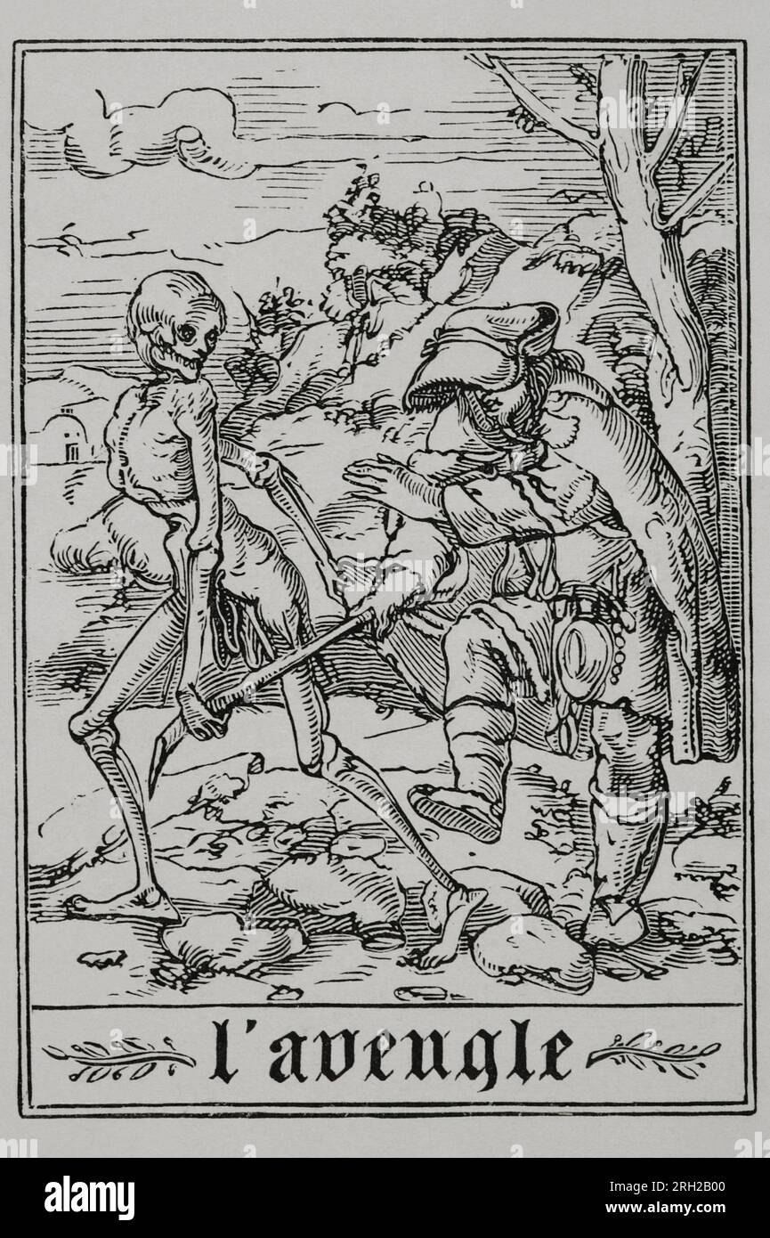 The Blind Man. The Death grabs the blind man's walking stick and guides him. Facsimile of an engraving belonging to the series 'The Dance of Death' in 'Les Simulacres de la Mort et Histoires facées de la Mort', Latin edition, 1547. 'Vie Militaire et Religieuse au Moyen Age et à l'Epoque de la Renaissance', Paris, 1877. Stock Photo