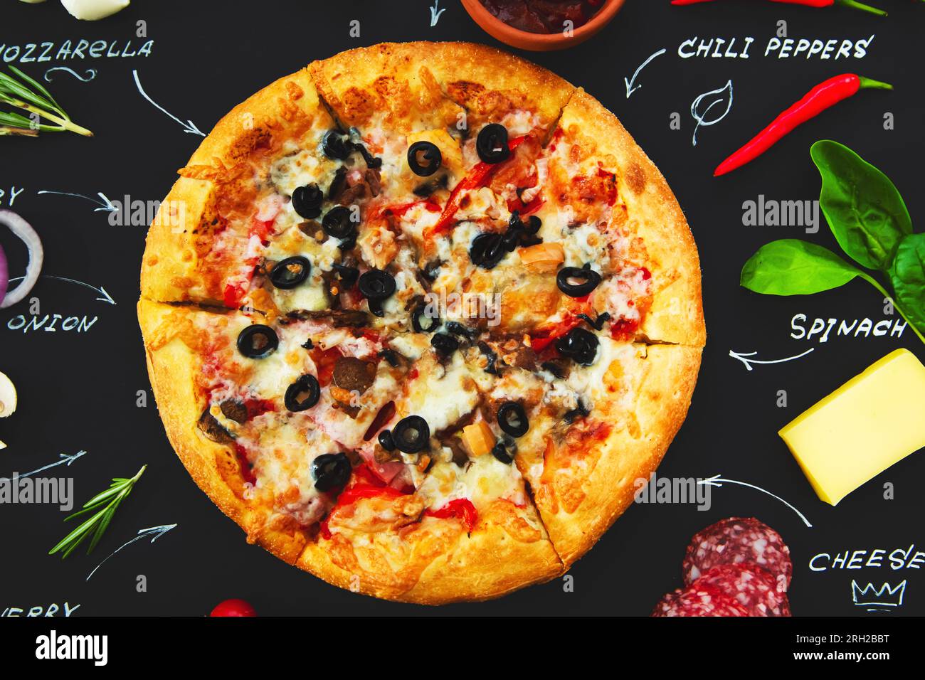 Pizza, ingredients and product names written in chalk on a black