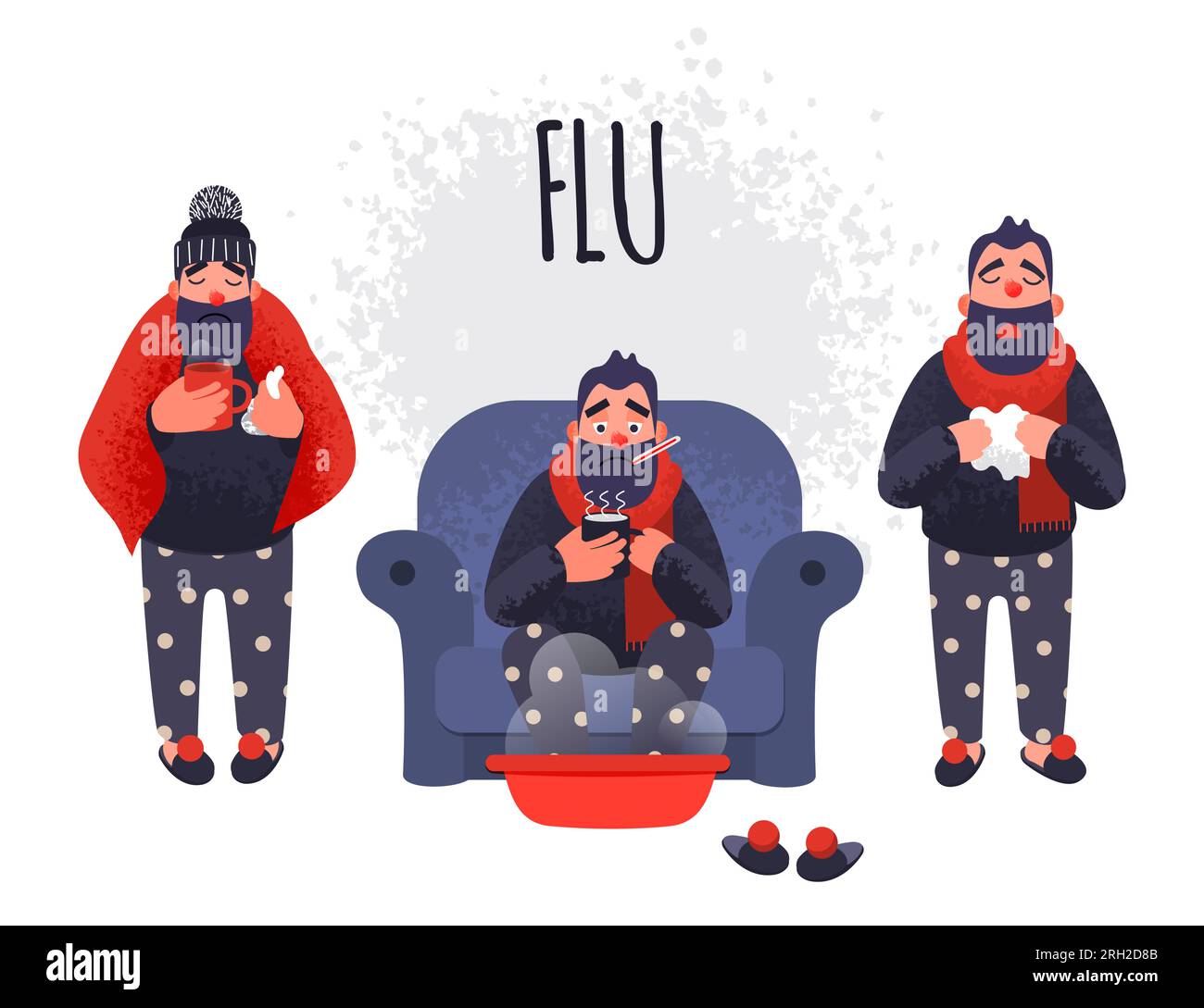 Set of people having cold. Sick fever flu vector male characters is