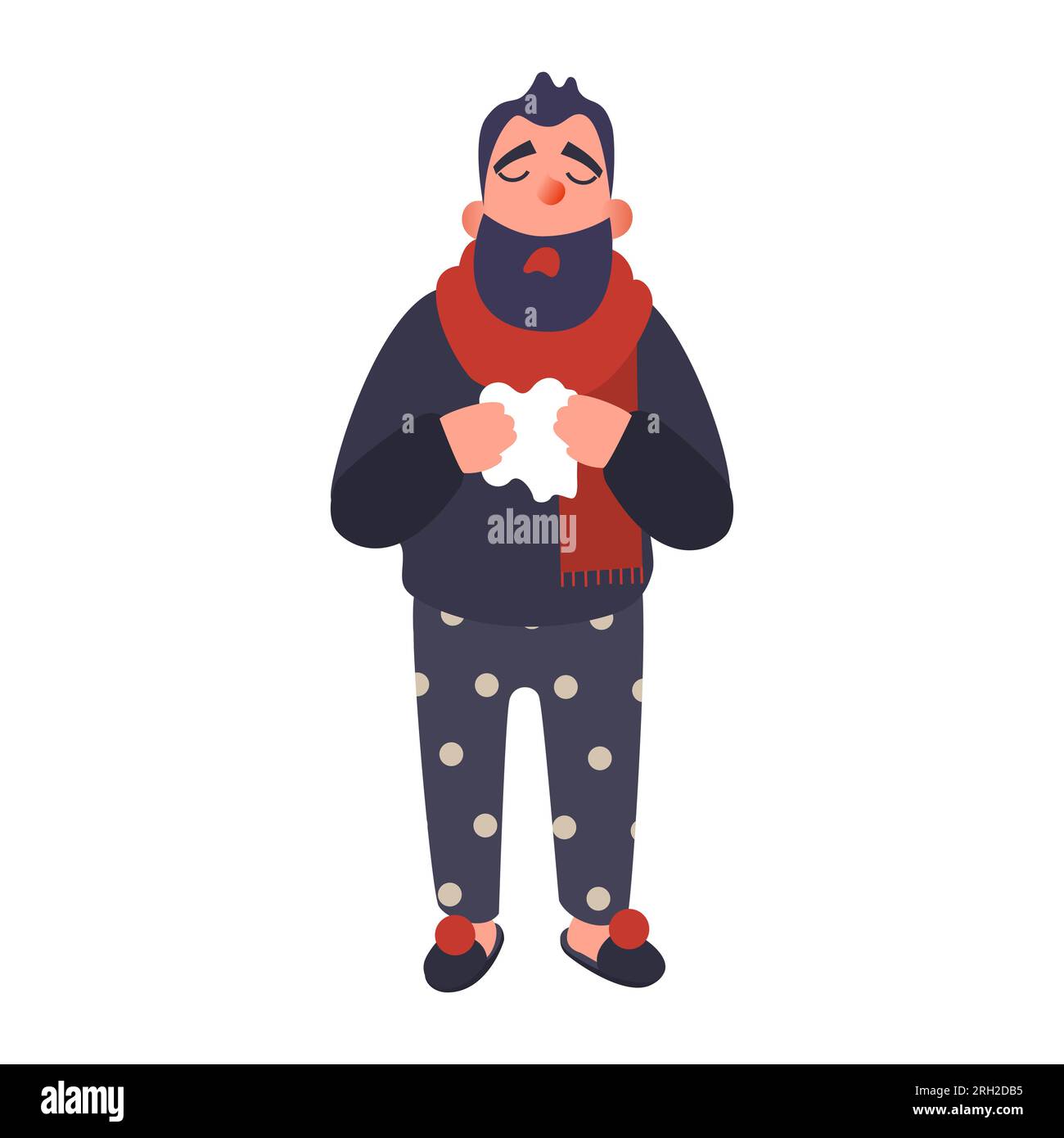 Cold man in a rug holds a cup. Sick young person in hat with