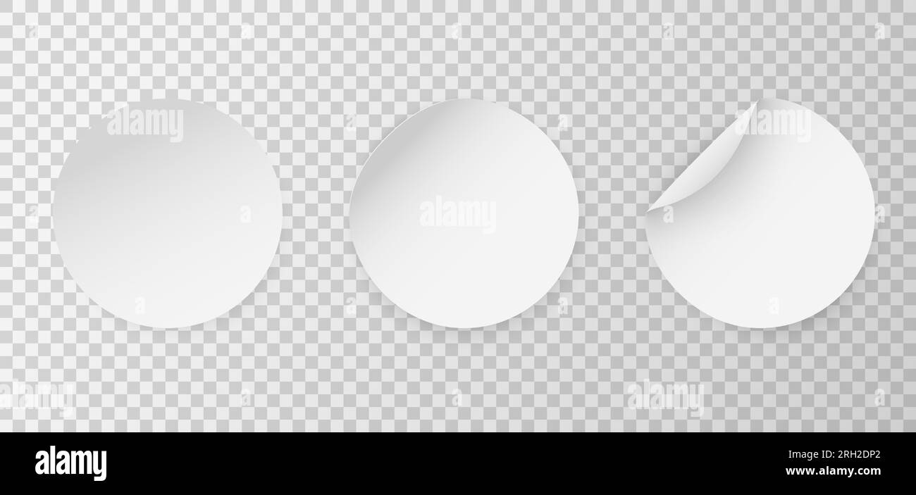Circle adhesive mockup. Round stickers. Vector circular sticker set. Realistic 3D blanck white