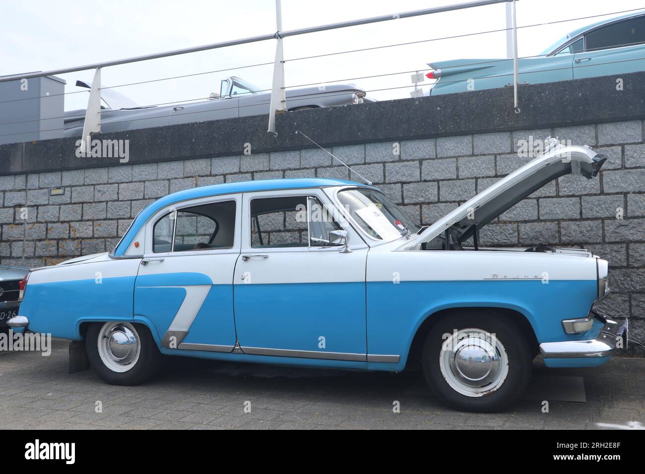 blue white GAZ M21 Volga car at old timer day in dutch city Lelystad
