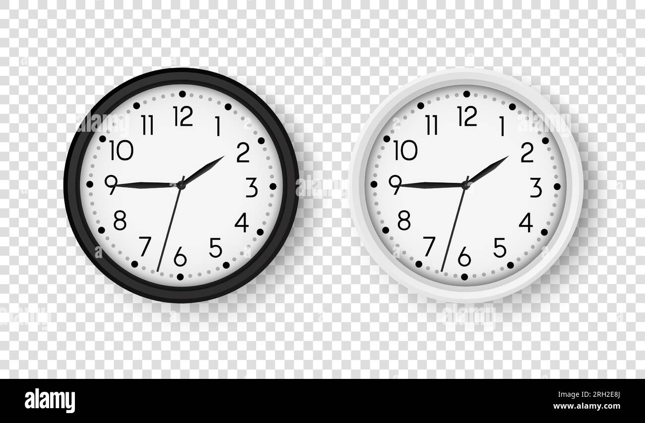 Realistic office clock. Round clocks on wall. Vector black and white