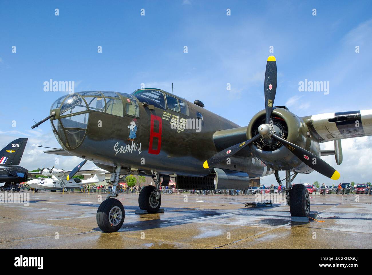 North American B-25D Mitchell II bomber plane N25644 named Grumpy at Duxford, Cambridgeshire, UK, prior to flight to USA as N88972 Stock Photo