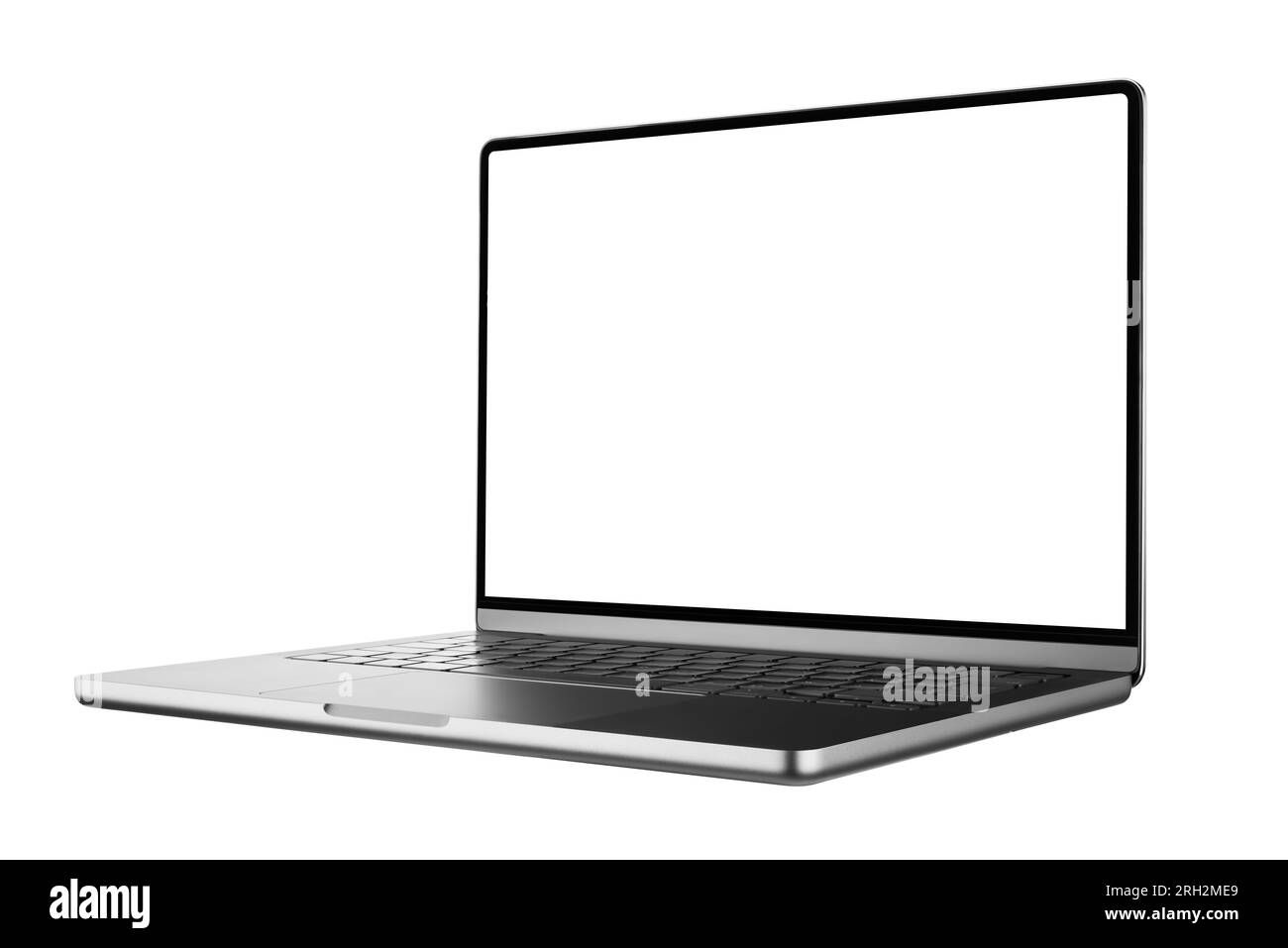 Modern Laptop Mockup in three-quarters with a white screen isolated on a white background, Based on a High-quality Studio shot Stock Photo
