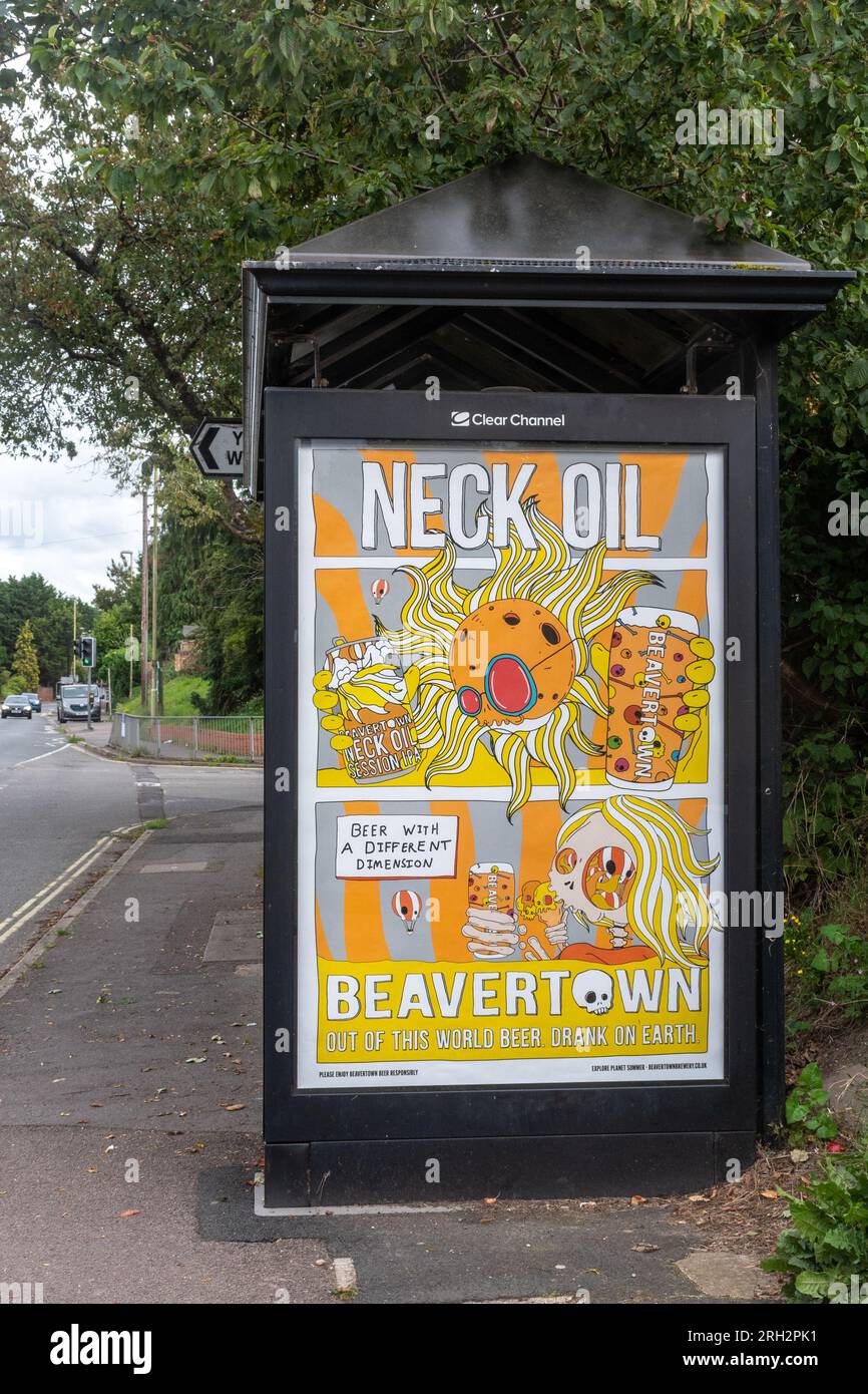 Bus stop advert for Beavertown Brewery session IPA beer called Neck Oil, advertisement on bus shelter, England, UK Stock Photo