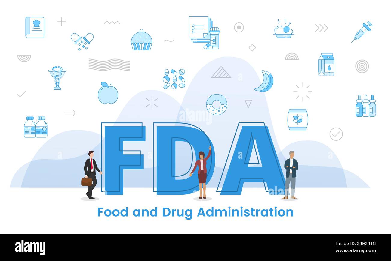 fda food and drug administration concept with big words and people surrounded by related icon with blue color style vector illustration Stock Photo