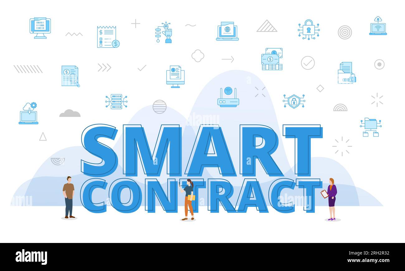 smart contract concept with big words and people surrounded by related ...
