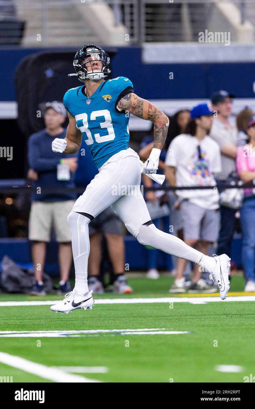 Jacksonville Jaguars wide receiver Jacob Harris (83) runs to catch a pass  during warm ups before an NFL football game against the Dallas Cowboys,  Saturday, Aug. 12, 2023, in Arlington, Texas. Jacksonville