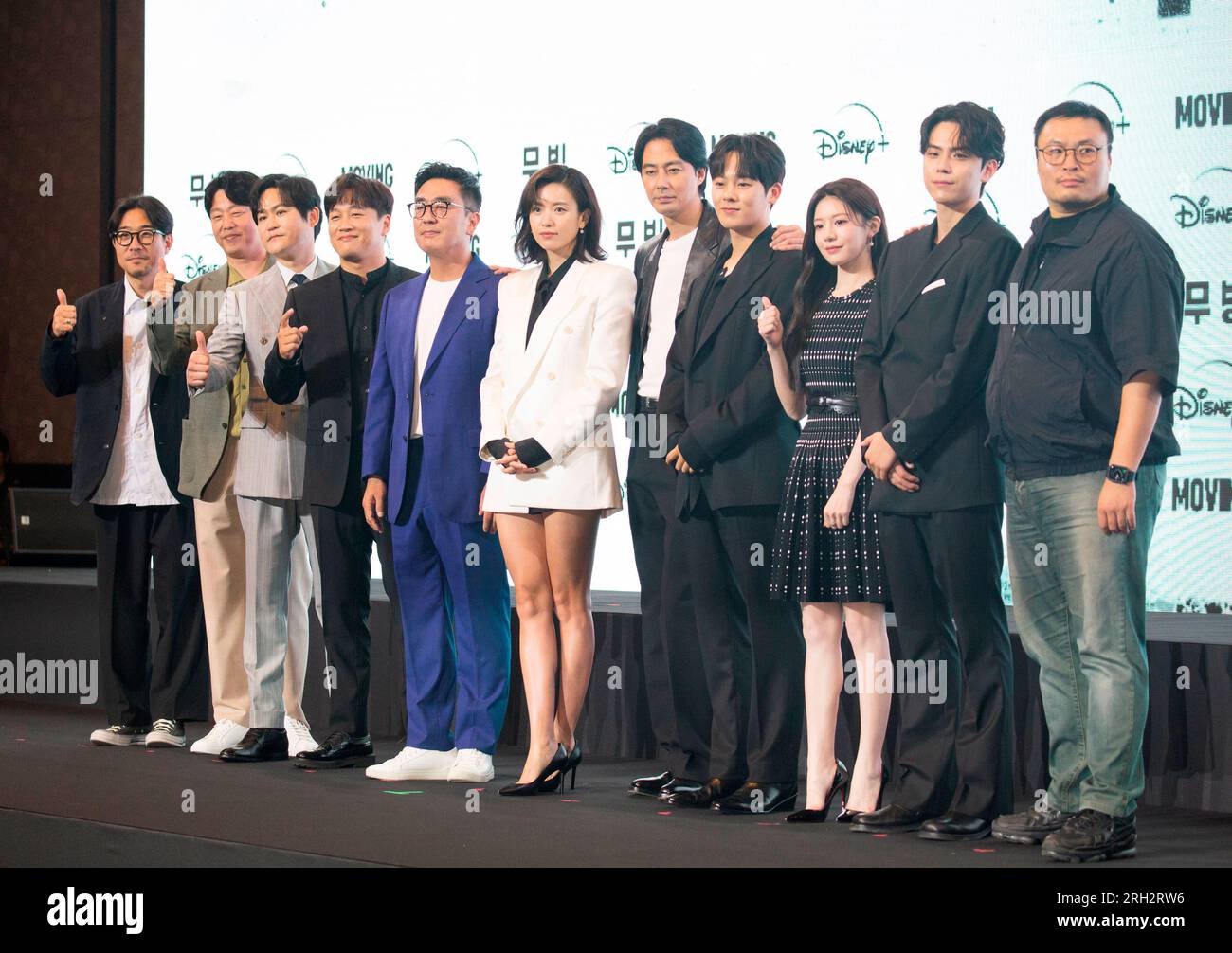 Park In-Je, Kim Hee-Won, Kim Sung-Kyun, Cha Tae-Hyun, Ryu Seung-Ryong, Han Hyo-Joo, Zo In-Sung, Lee Jung-Ha, Go Youn-Jung, Kim Do-Hoon and Kang Full, August 3, 2023 : (L-R) Director Park In-Je, cast members Kim Hee-Won, Kim Sung-Kyun, Cha Tae-Hyun, Ryu Seung-Ryong, Han Hyo-Joo, Zo In-Sung, Lee Jung-Ha, Go Youn-Jung, Kim Do-Hoon and writer Kang Full attend a press conference for Disney  series 'Moving' in Seoul, South Korea. The sci-fi action series 'Moving' features a group of superpowered individuals who hide their true abilities from the world in order to protect their families from danger. Stock Photo