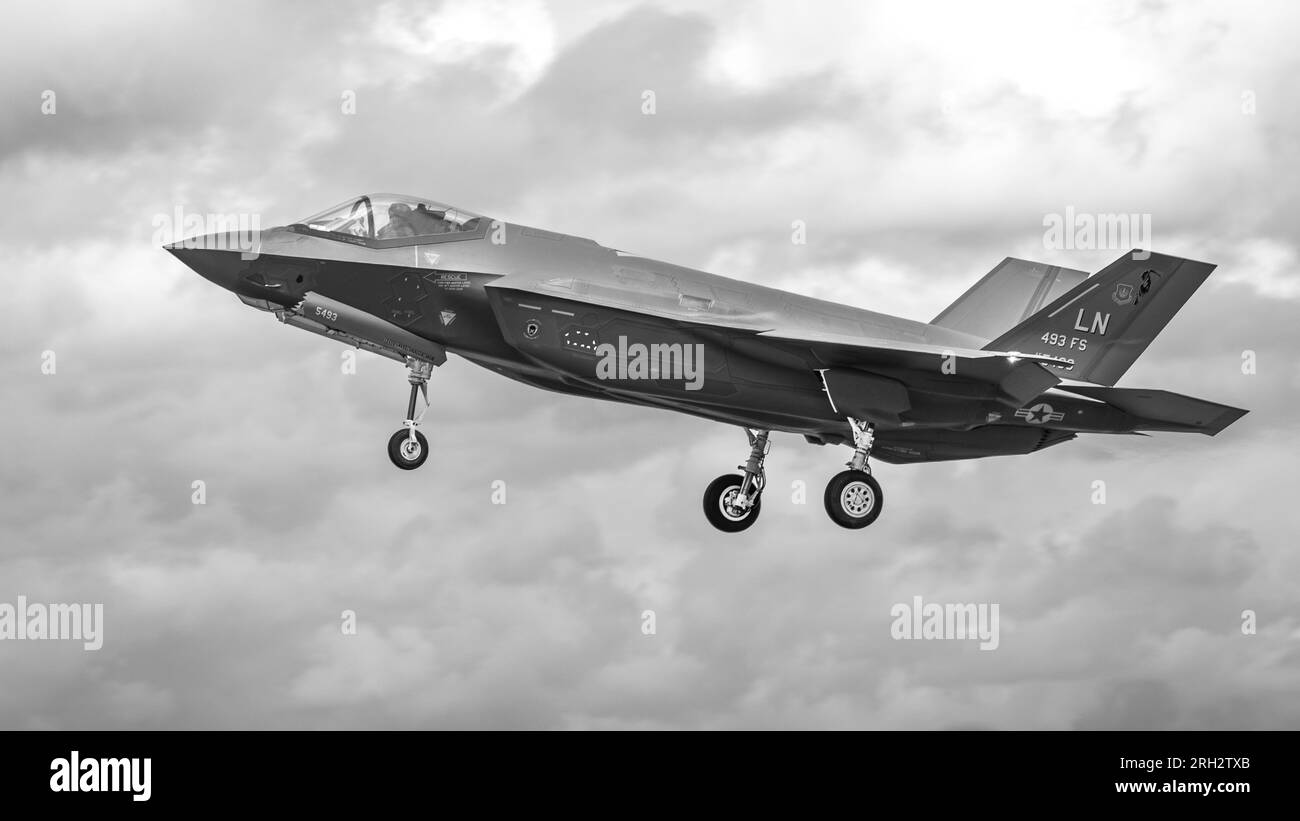 United States Air Force - Lockheed Martin F-35A Lightning II, arriving at RAF Fairford for the Royal International Air Tattoo 2023. Stock Photo