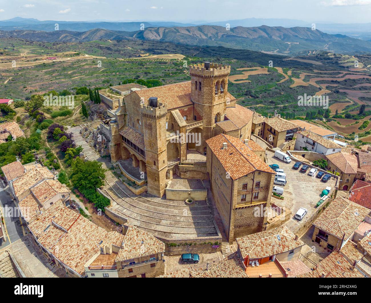 Ujue in Navarra, Collegiate Church of Saint Mary the Great, Named Beautiful Town of Spain Stock Photo