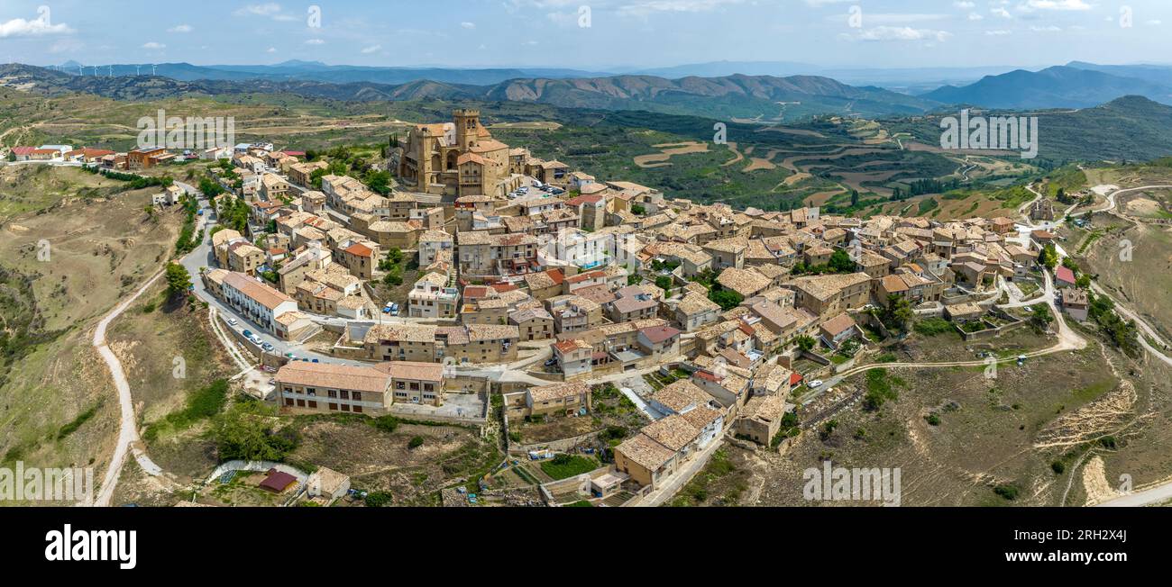 Panoramic aerial view of the hilltop medieval village of Ujue in Navarra, northern Spain on ancient pilgrim route Camino de Santiago or Way of St Jame Stock Photo