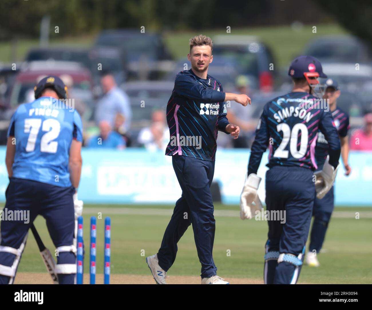 Beckenham, Kent, UK. 13th Aug, 2023. Middlesex's Luke Hollman celebrates after getting the wicket of Kent's Harry Finch as Kent take on Middlesex in the Metro Bank One Day Cup at Beckenham. Credit: David Rowe/Alamy Live News Stock Photo