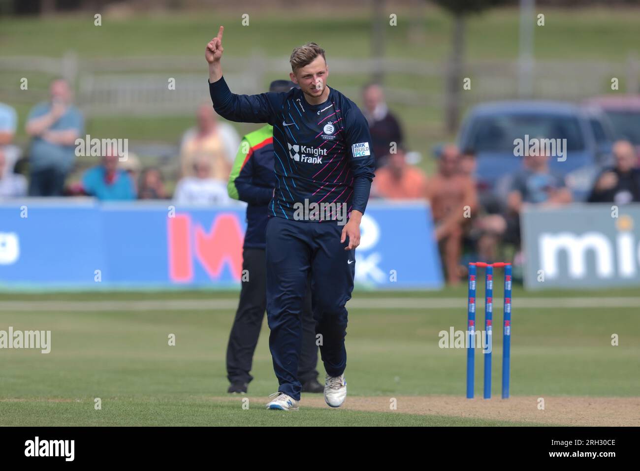 Beckenham, Kent, UK. 13th Aug, 2023. Middlesex's Luke Hollman celebrates after getting the wicket of Alex Blake as Kent take on Middlesex in the Metro Bank One Day Cup at Beckenham. Credit: David Rowe/Alamy Live News Stock Photo