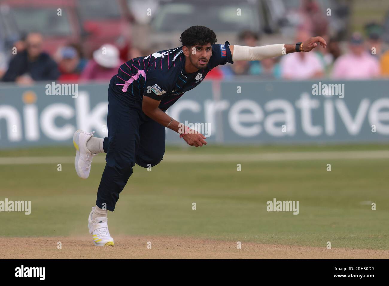 Beckenham, Kent, UK. 13th Aug, 2023. Middlesex's Ishaan Kaushal bowling as Kent take on Middlesex in the Metro Bank One Day Cup at Beckenham. Credit: David Rowe/Alamy Live News Stock Photo