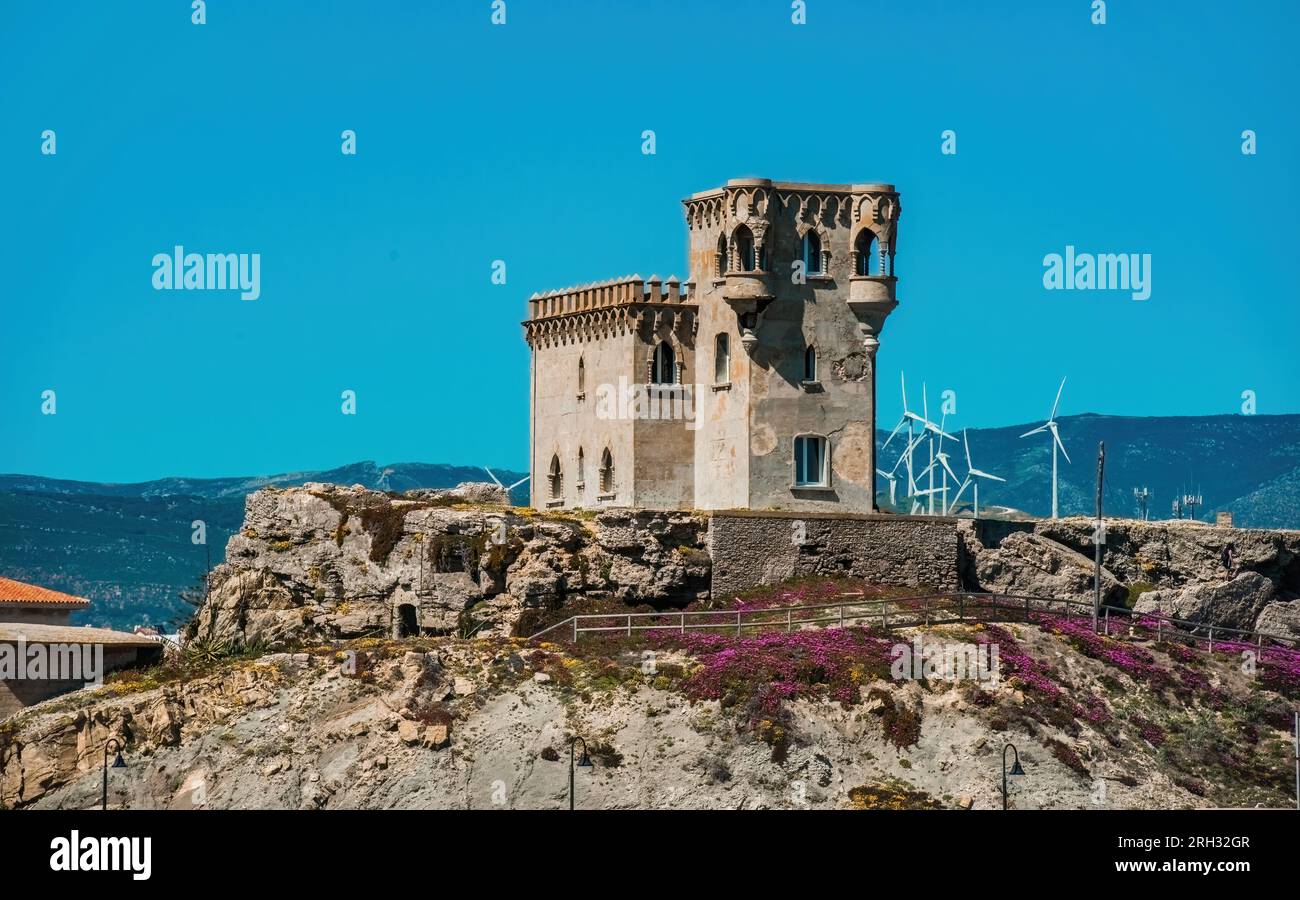 Old Castle of Guzman El Bueno and Tarifa in Spain, view from the beach Stock Photo