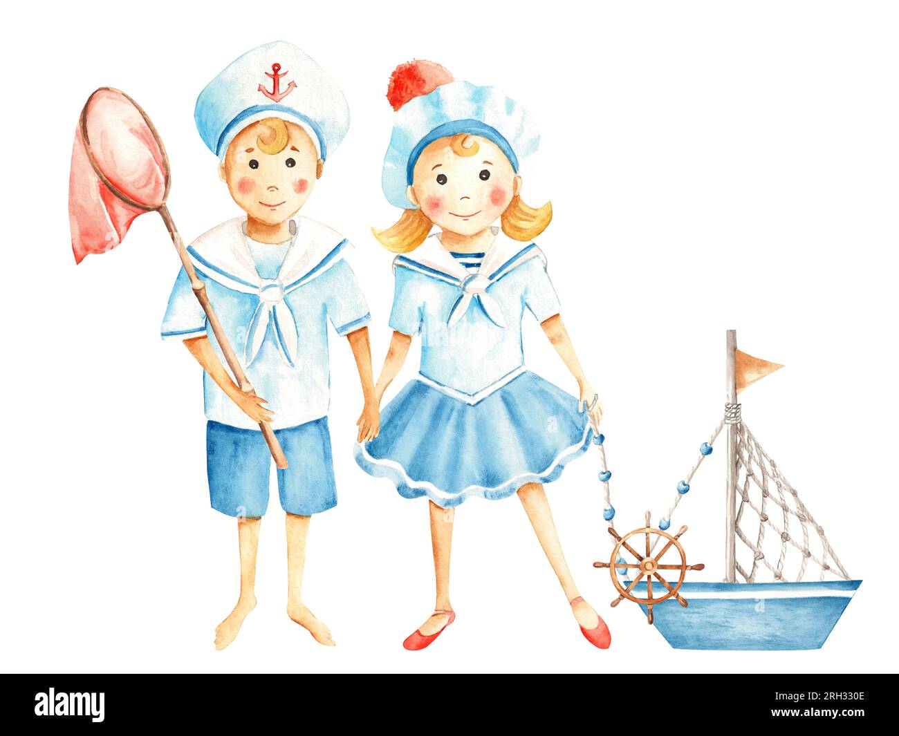 Cute little sailor boy and girl in marine suits with fishing net and toy  boat. Watercolour nautical illustration for children. Hand painted on white  Stock Photo - Alamy