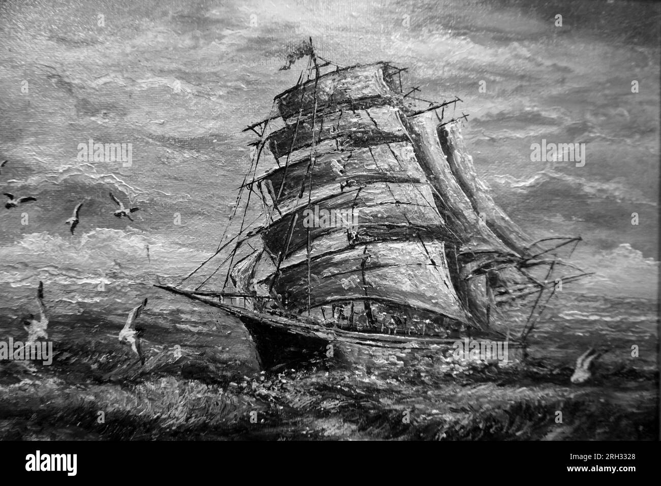 black and white Art painting oil color sailboat Stock Photo