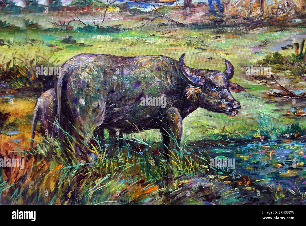 Art Oil painting buffalo Thailand Countryside , organic farming Stock Photo