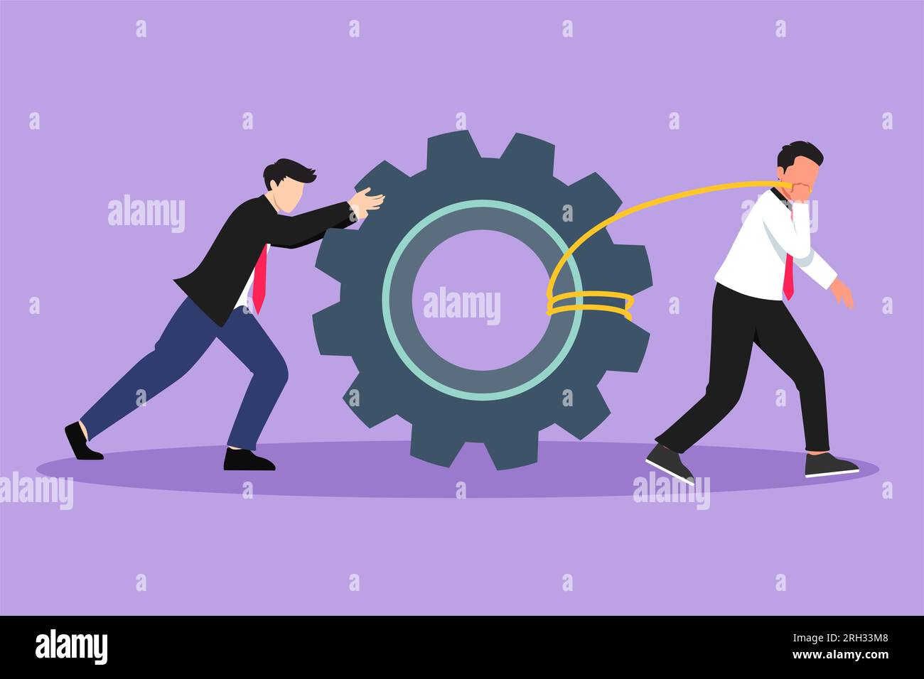 Graphic flat design drawing active business men pulling large gear on Graphic flat design drawing active business men pulling large gear on
