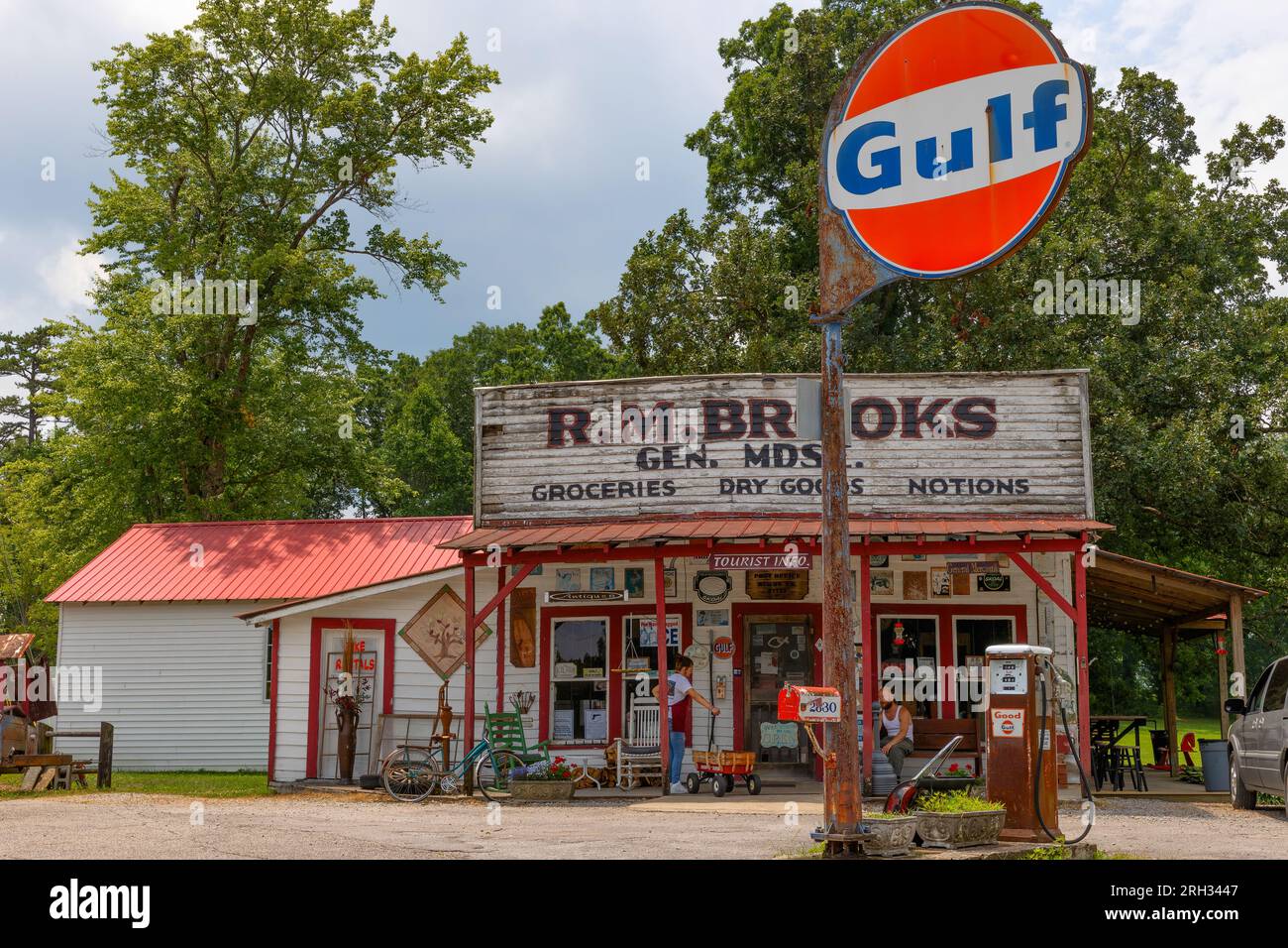 Rugby, Tennessee, USA July 29, 2023RM Brooks General Store with an old gas pump and Gulf Sign