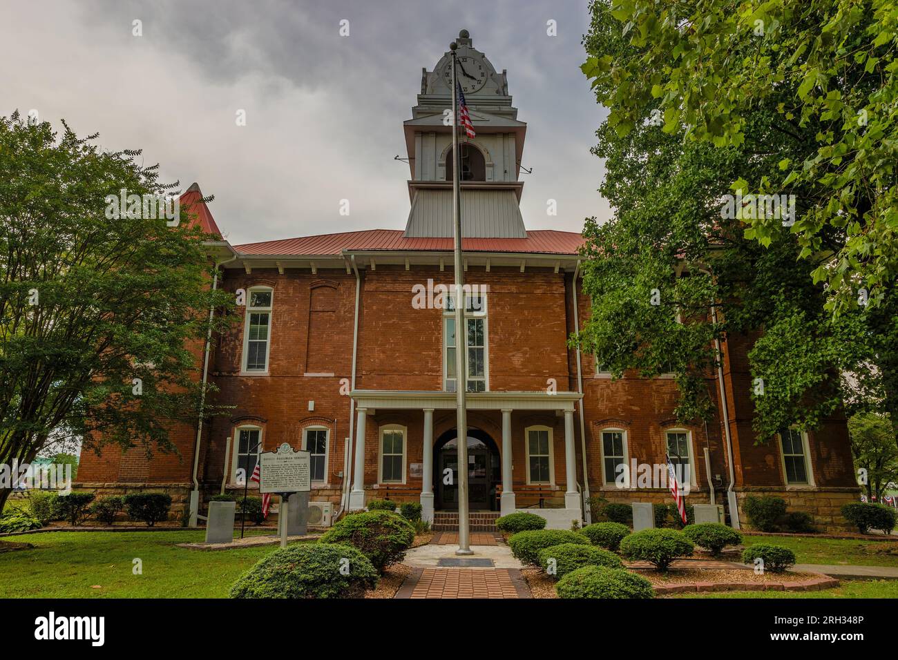 Wartburg, Tennessee, USA - July 29, 2023: Built in 1904 this courthouse bell tower housed a 900 lbs. bell and four-sided clock with four - foot hands. Stock Photo