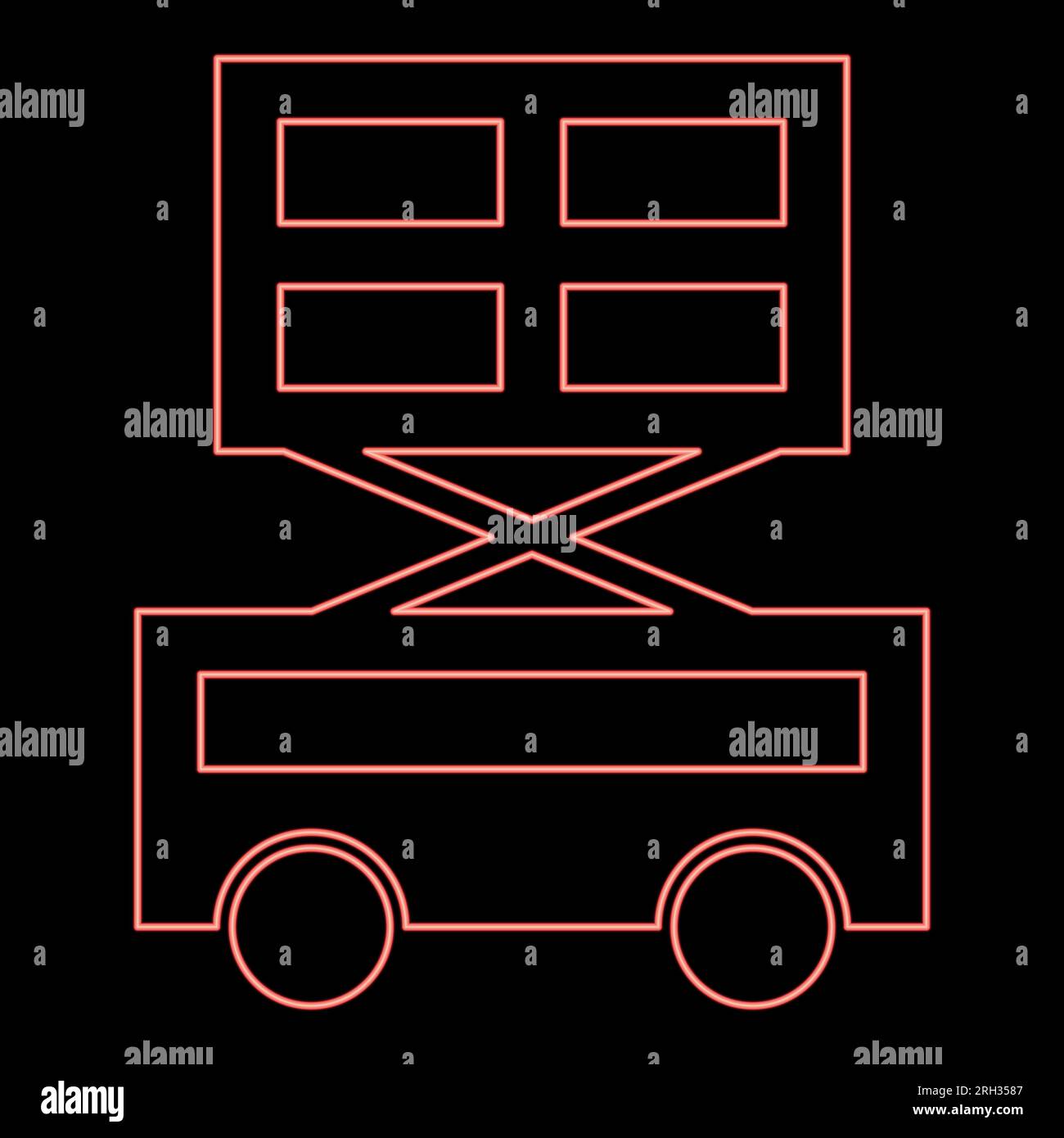 Neon lifting machine scissor lift platform self propelled red color vector illustration image flat style light Stock Vector