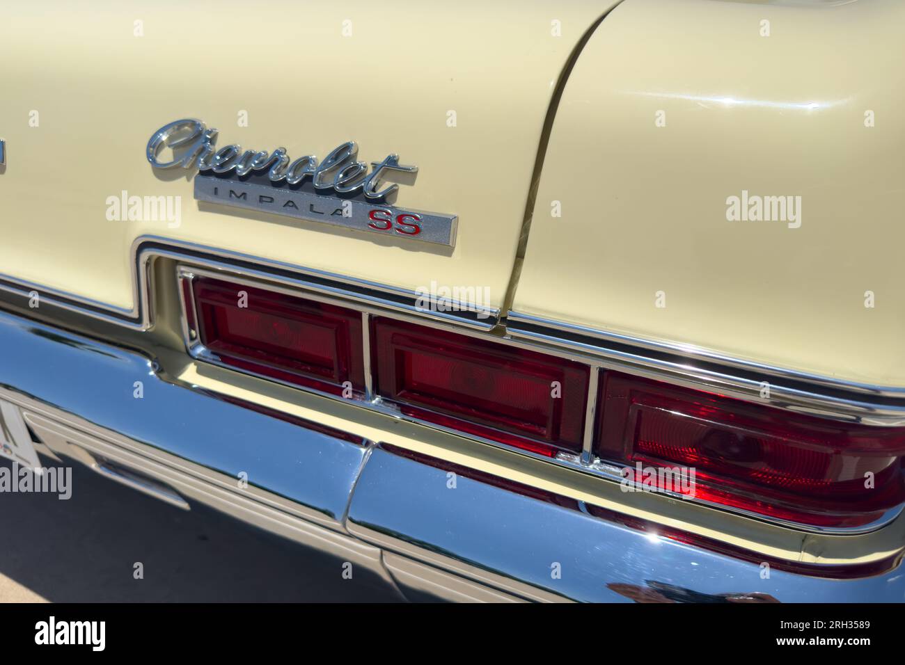 Little Elm, Texas - June 11, 2023: Detail of Chevrolet Impala SS oldtimer car american Car Meeting event. Stock Photo