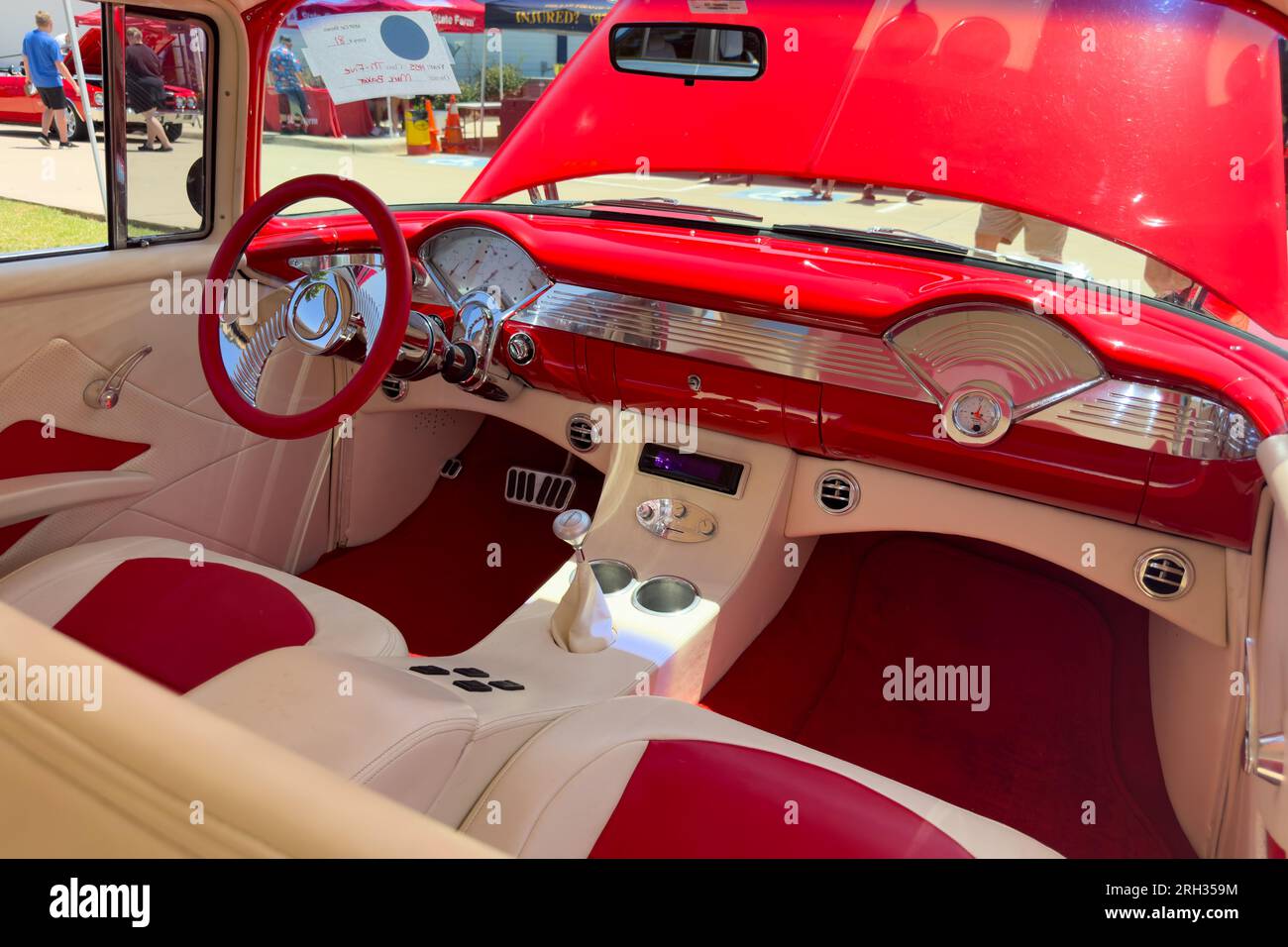 Little Elm, Texas June 11, 2023 Interior of red Chevy Delray car at