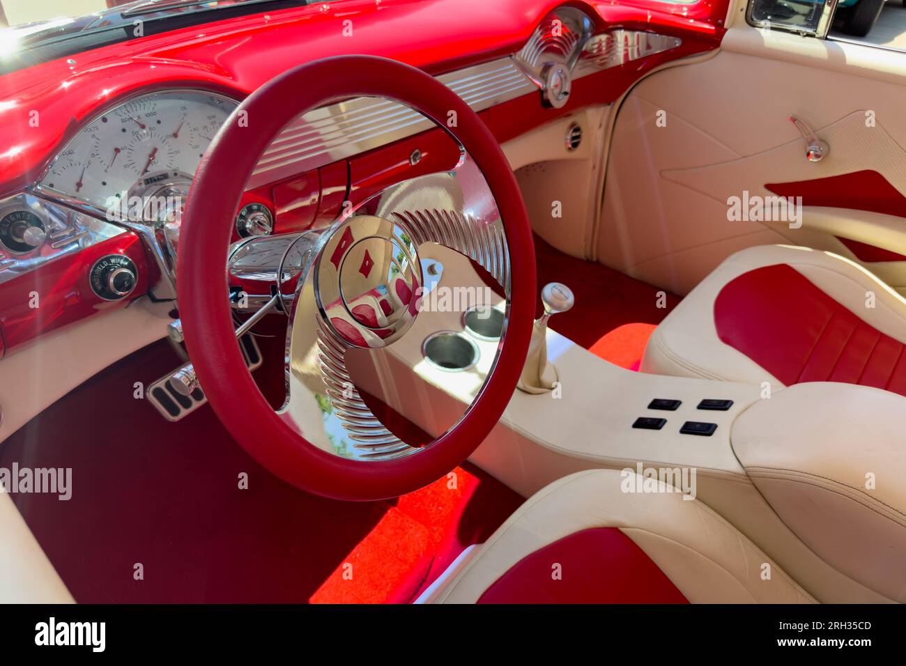 Little Elm, Texas June 11, 2023 Interior of red Chevy Delray car at