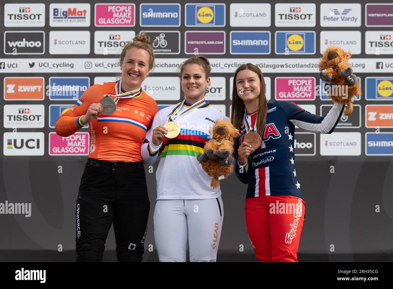 Glasgow BMX Centre, Glasgow, Scotland, UK. 13th Aug, 2023. UCI Cycling World Championships BMX Racing Women's Elite Final podium Gold Bethany Shriever (GB) Silver Laura Sulders (Netherlands) Bronze Alise Willoughby (USA) Credit: Kay Roxby/Alamy Live News Stock Photo