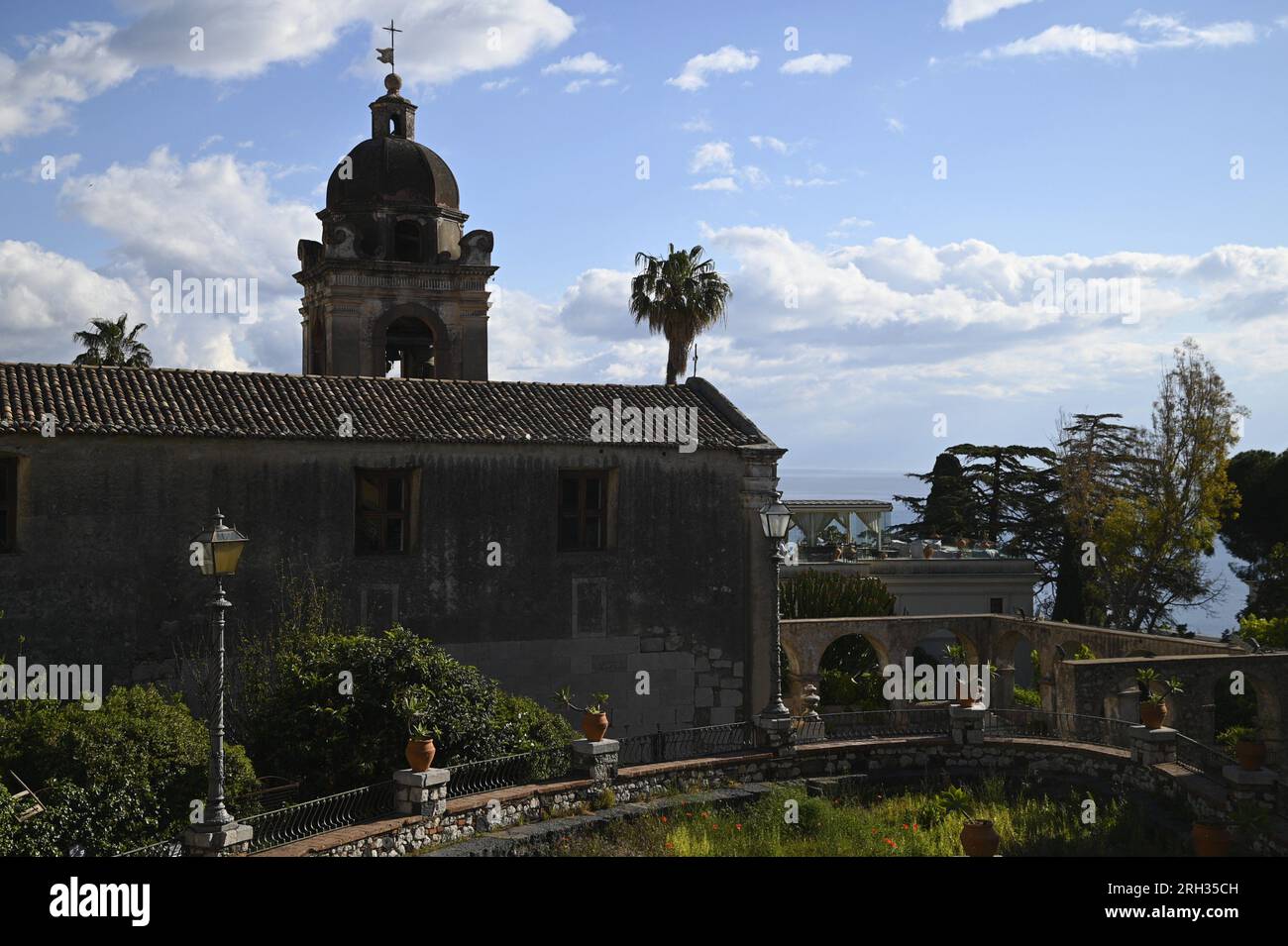 Landscape with scenic view of the Baroque style Chiesa di San Pancrazio a historic religious monument of Taormina in Sicily, Italy. Stock Photo