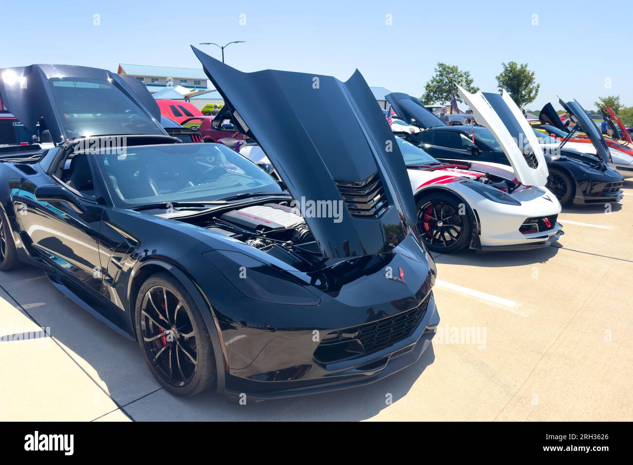 Little Elm, Texas June 11, 2023 Black Chevrolet Corvette with hood open at local outside car