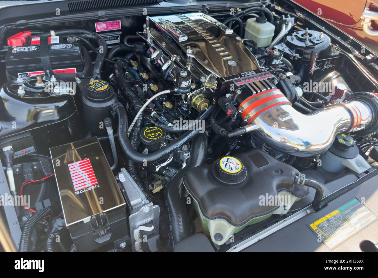 Little Elm, Texas June 11, 2023 Ford Mustang's engine on display at