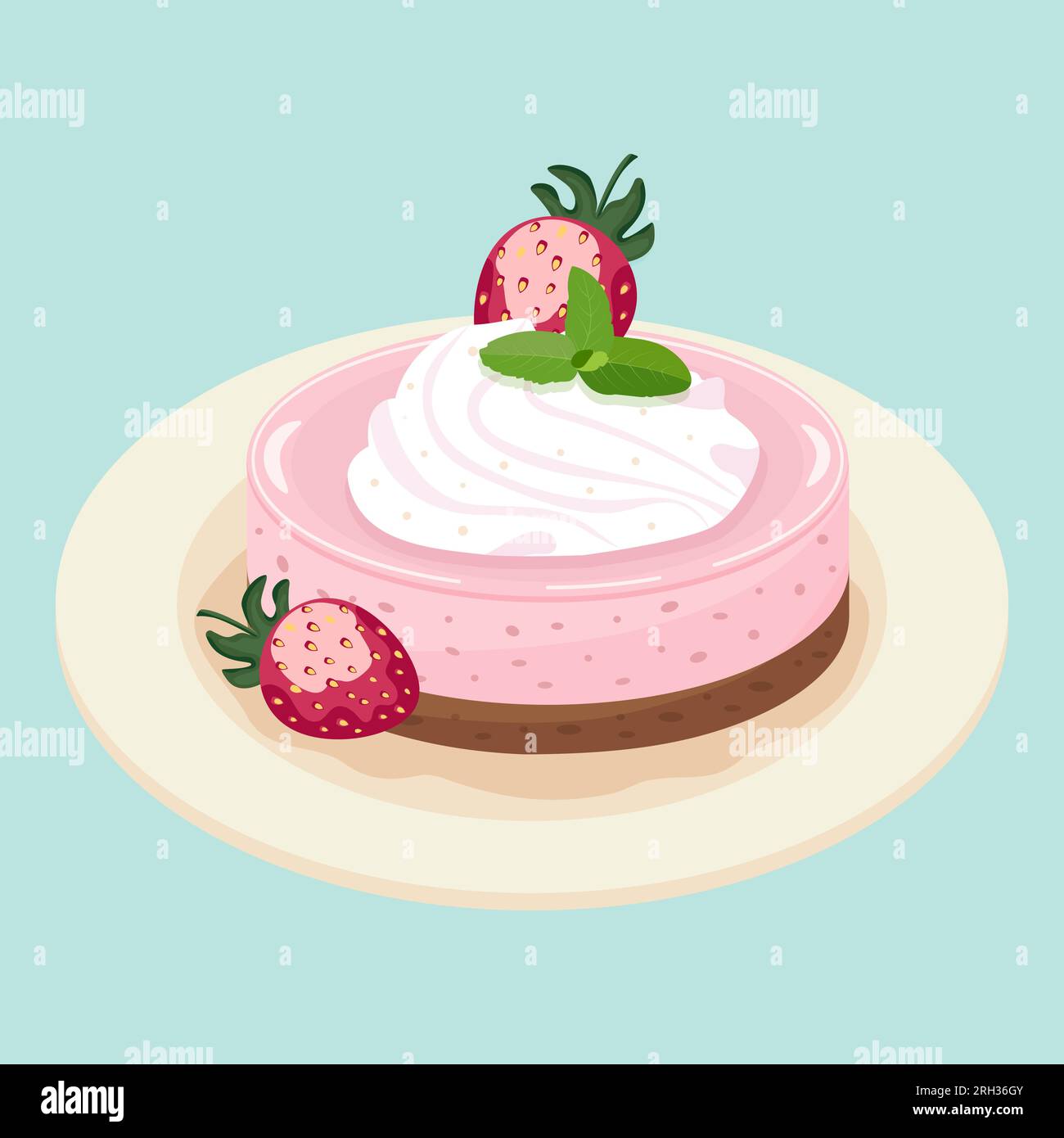 Strawberry cheesecake, sweet fruit dessert with whipped cream on plate