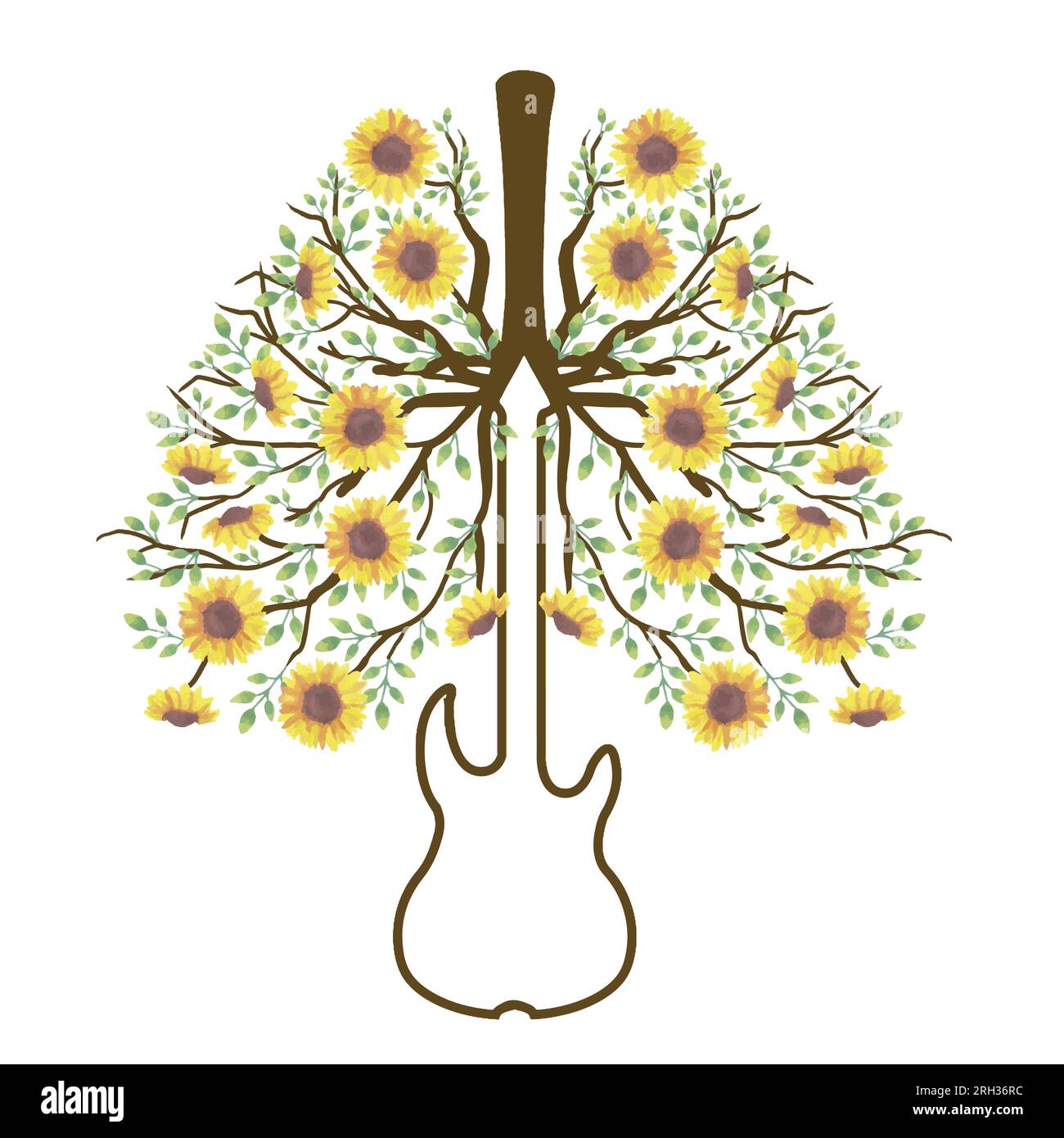 Guitar with yellow sunflower forming healthy lungs and bronchial tree organ anatomy Stock Vector