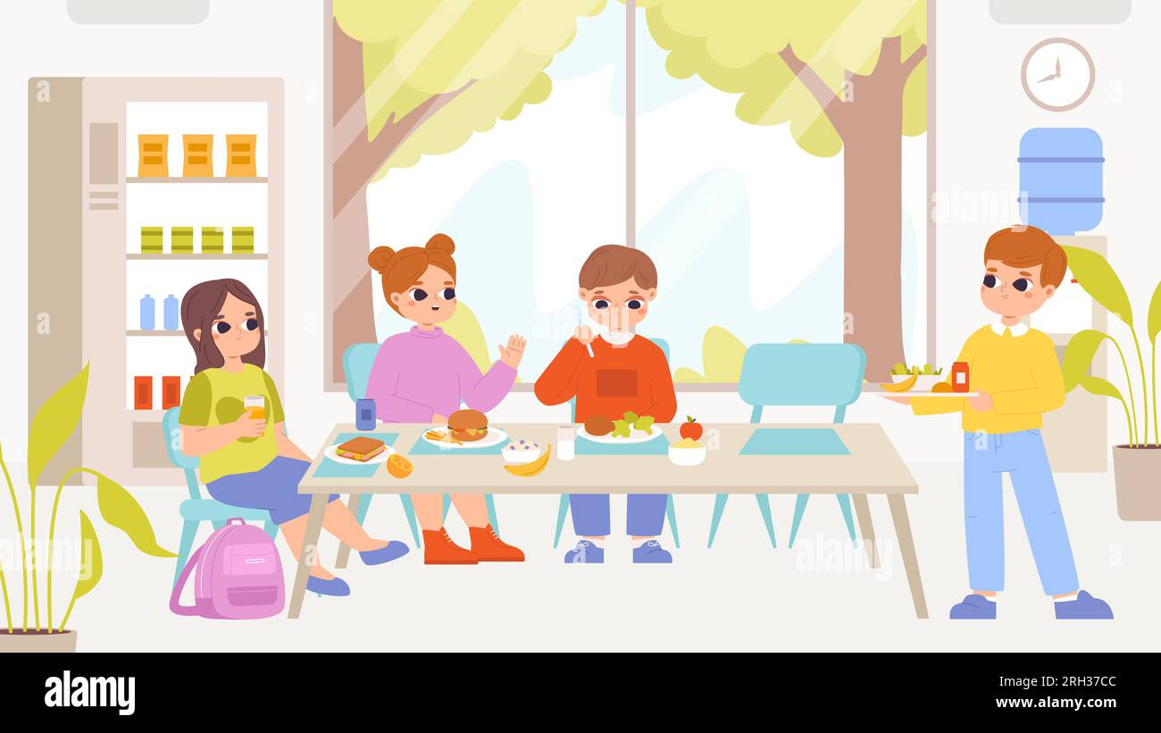 Children group on lunch or breakfast together. Primary school or preschool characters. Kids eating food in canteen, snugly cartoon vector friends Stock Vector