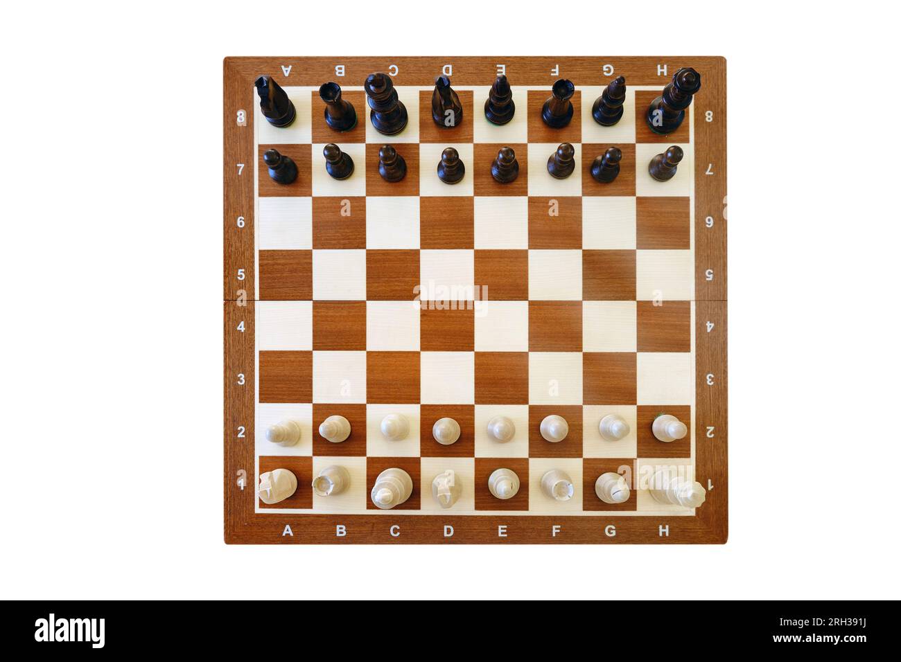 Chess pieces in random order 960 on the chessboard, top view. The