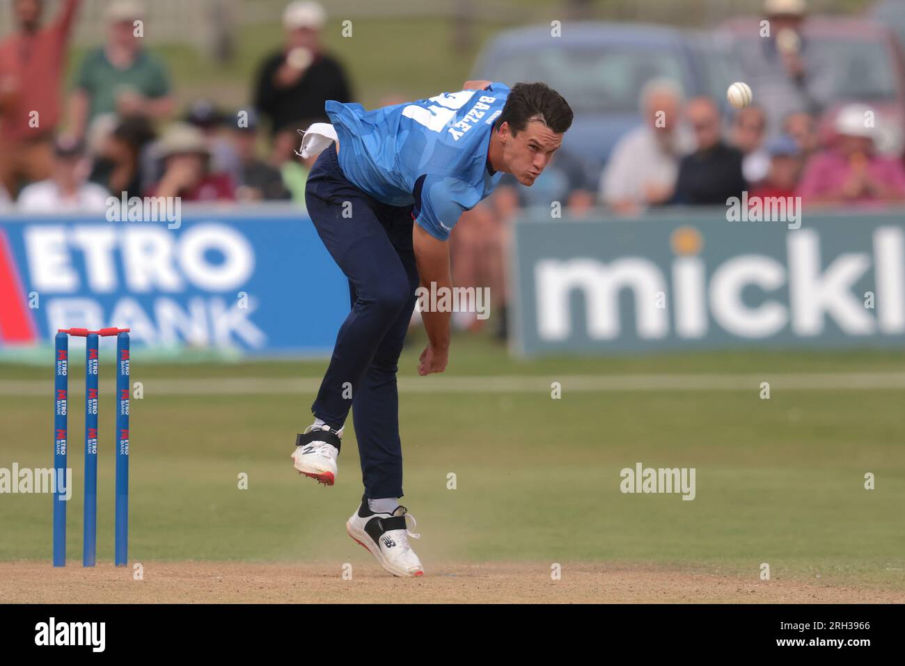 Beckenham, Kent, UK. 13th Aug, 2023. Kent's James Bazley bowling as Kent take on Middlesex in the Metro Bank One Day Cup at Beckenham. Credit: David Rowe/Alamy Live News Stock Photo