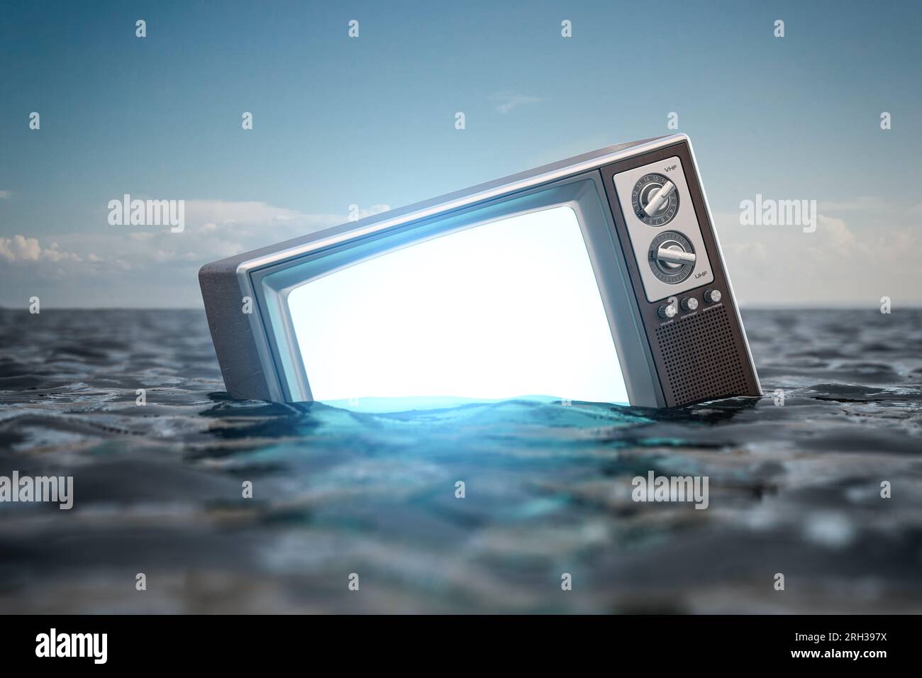 Tv set floating in a water. Concept of crisis of television broadcasting. 3d illustration Stock Photo
