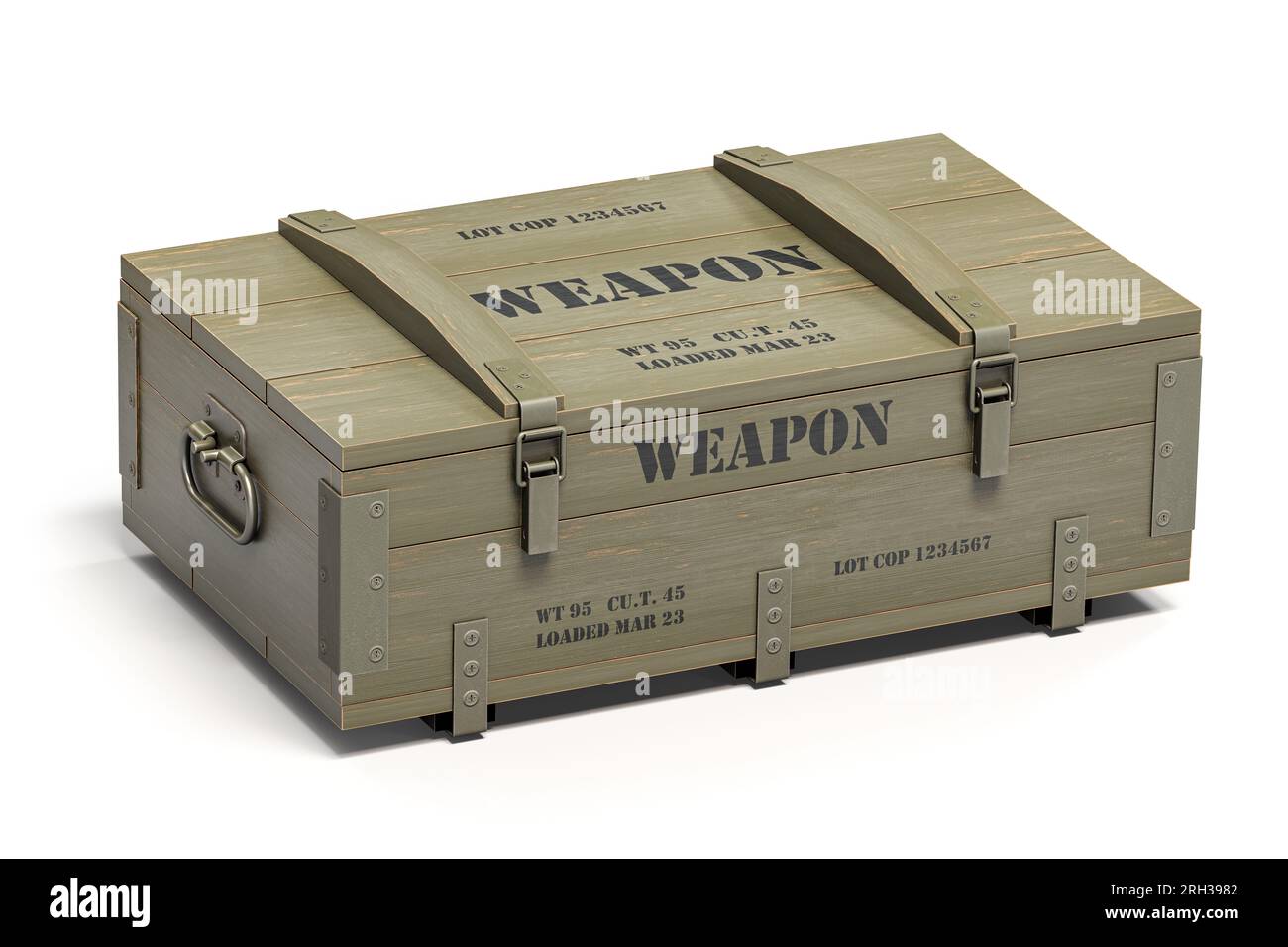 Military wooden crate with weapon and army ammunition isolated on white