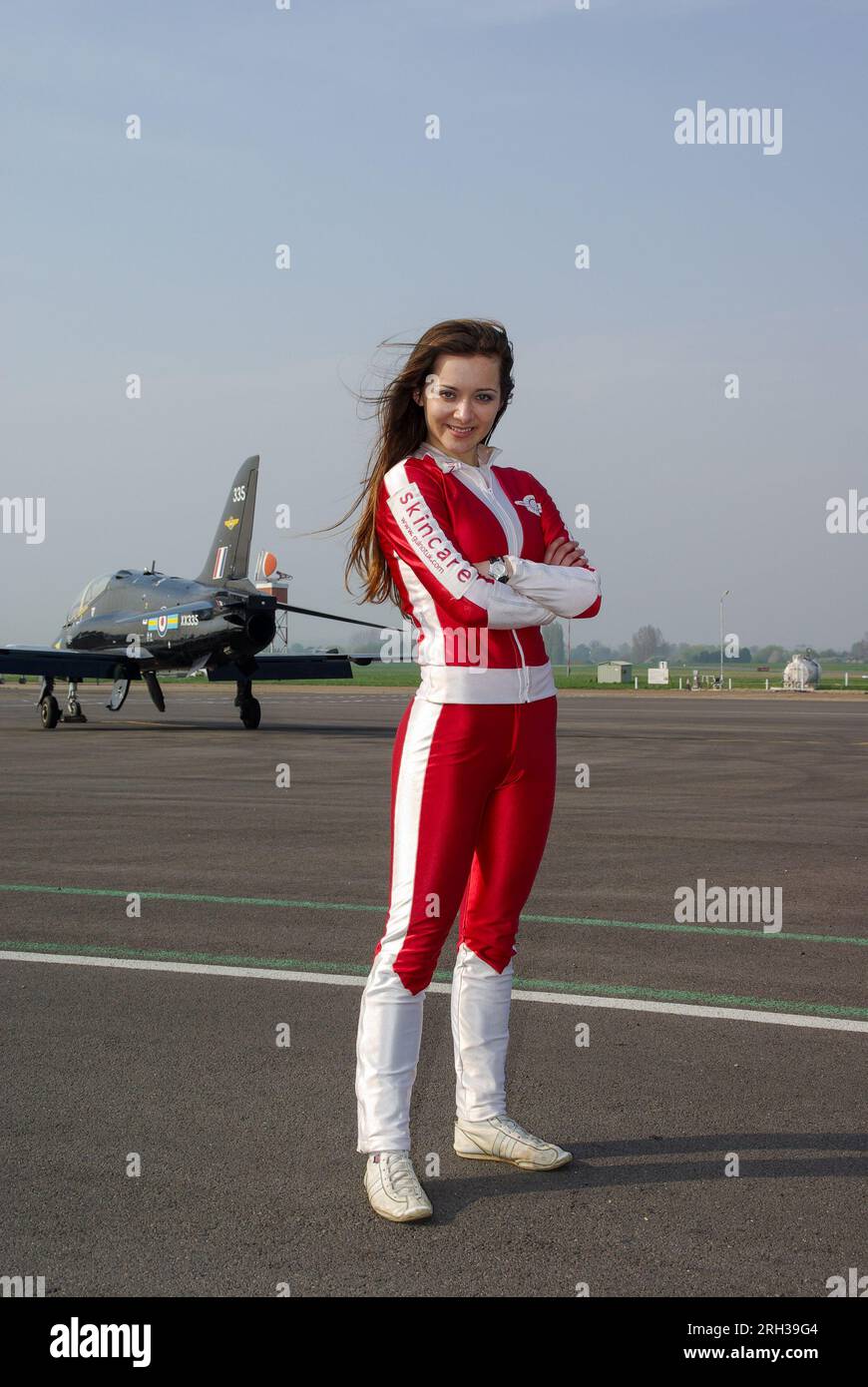 Guinot sponsored Aerosuperbatics wingwalker Danielle del Buono (nee Danielle Hughes) at Southend Airport. Female girl wingwalker, wing walker Stock Photo