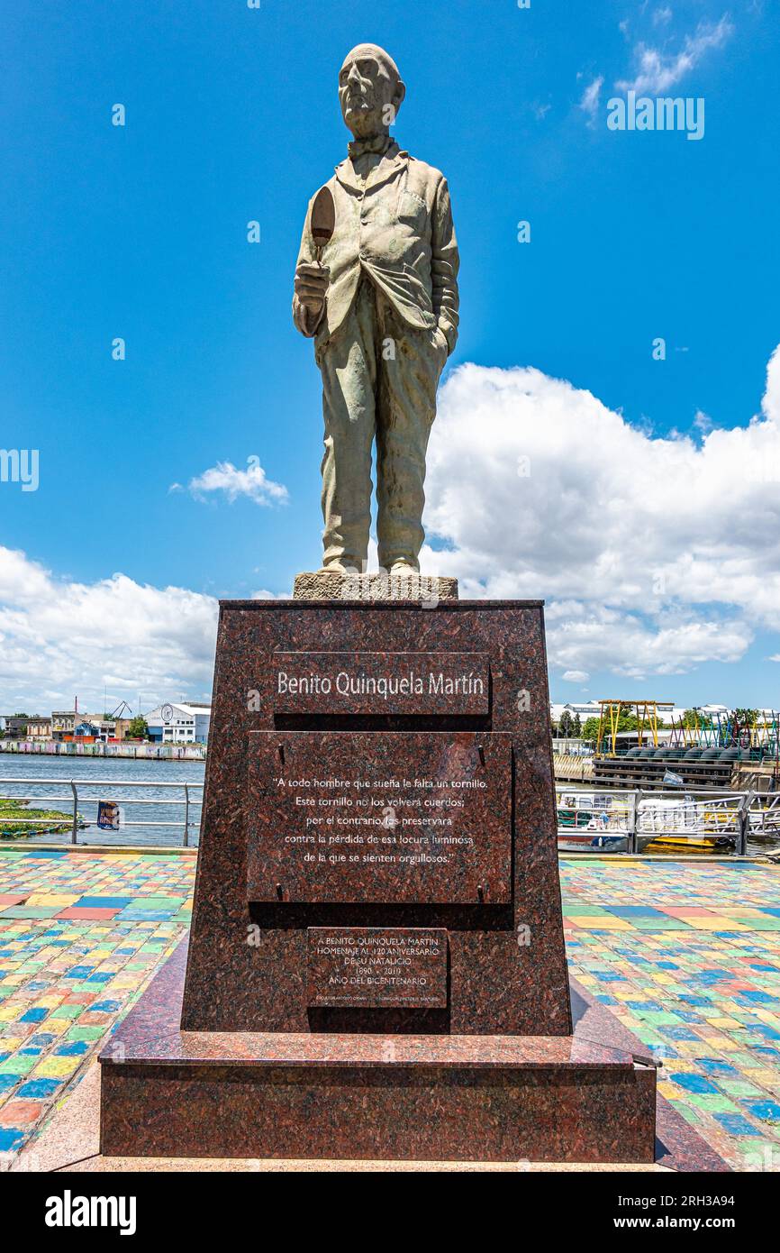 Sculpture of the painter and philanthropist Benito Quinquela Martin in La Boca neighborhood at Buenos Aires, Argentina. His back to the Riachuelo, loo Stock Photo