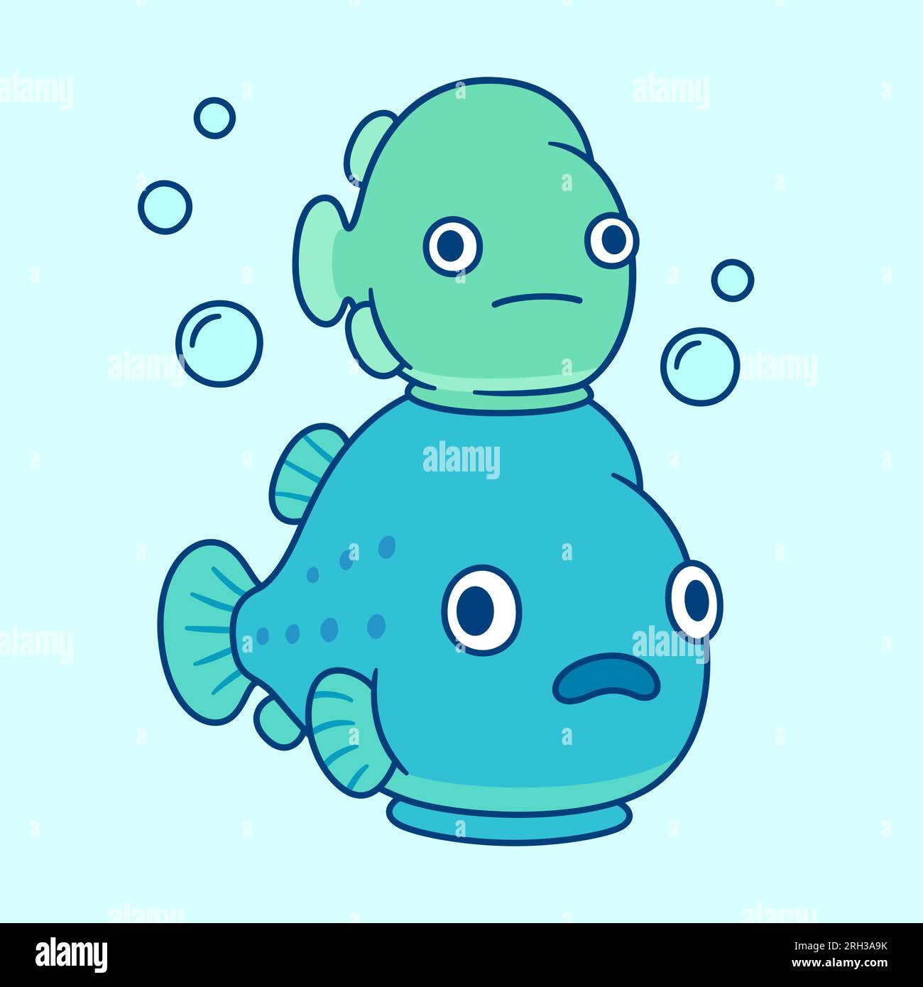 Two lumpsucker fish on top of each other. Cute cartoon lumpfish character drawing. Vector illustration. Stock Vector