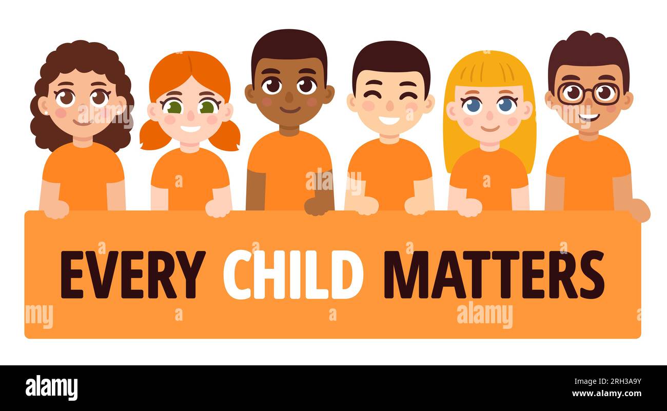 Cute cartoon group of children wearing Orange Shirt Day t-shirts and holding banner with text Every Child Matters. National Day for Truth and Reconcil Stock Vector