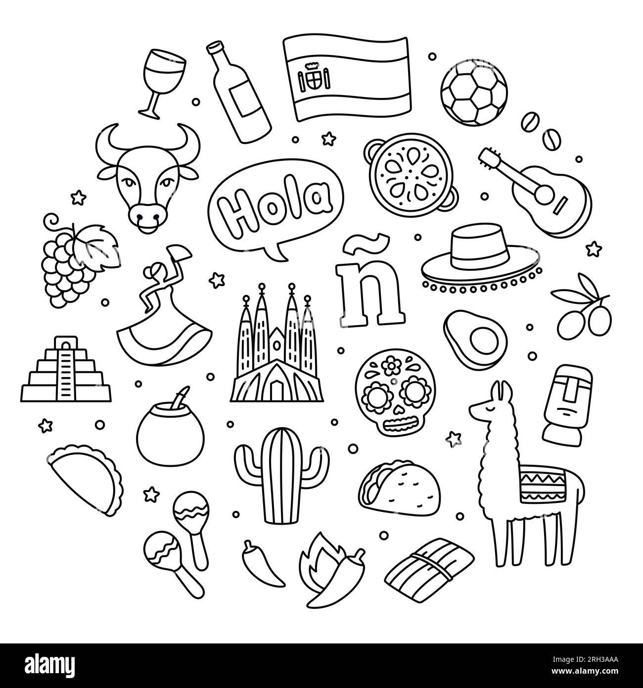 Spanish language and Hispanic cultures hand drawn doodle set. Spain and Latin America symbols. Vector line art illustration. Stock Vector