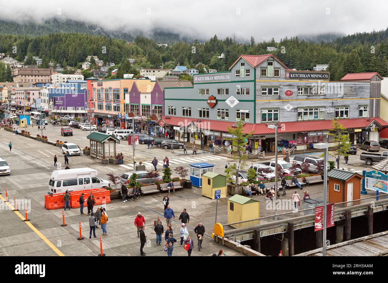 Port Of Ketchikan, passengers walking, returning from shopping and tours,  Alaska. Stock Photo